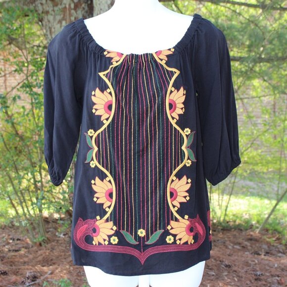 Skies Are Blue Women's Black Sunflower Embroidered Tunic Top Size XS - Picture 1 of 8